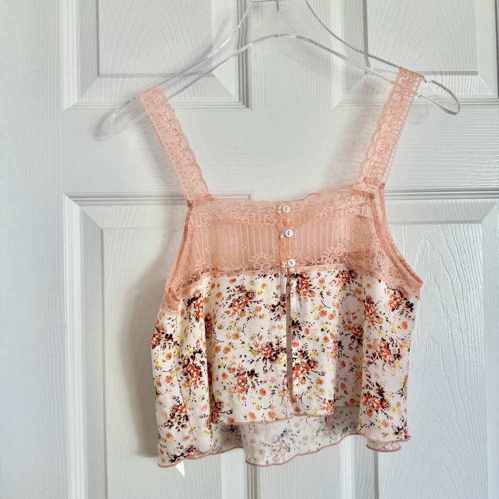 🍑 FREE PEOPLE Peach Floral Lace Sleep Lounge Reversible Cami Tank Top - Picture 12 of 16